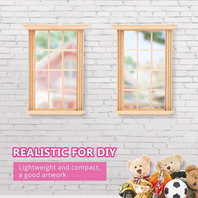 SOIMISS 2pcs Mini Dollhouse Windows 1/12 Scale Wooden Window Frames Miniature Models for Dollhouse Decoration and Display
