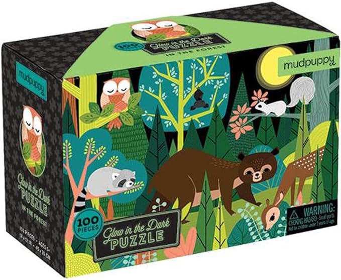 Mudpuppy in the Forest – 100 Piece Glow in The Dark Jigsaw Puzzle with a Woodland Scene of Animals and Hidden Nocturnal Details in the Dark