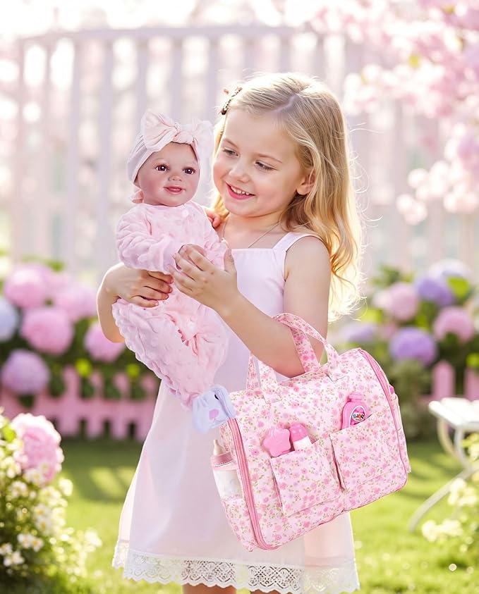 BABESIDE 10 Pcs Baby Doll Diaper Bag Set – Reborn Baby Doll Accessories with Changing Pad, Feeding Bottles, Care Set– Diaper Bag Toys for Baby Dolls up to 21 Inches, Gift for Girls Ages 3 and Up