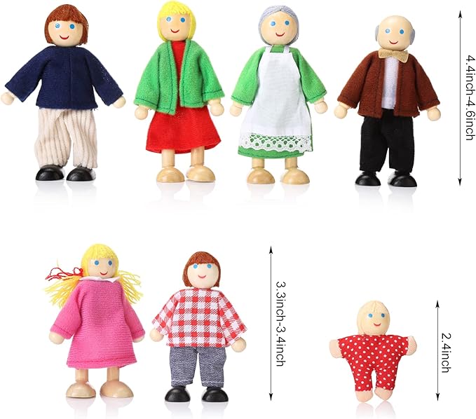 Jzszera Wooden Dollhouse Family Set of 7, Mini Figures for Pretend Play, Classic Doll House Accessories for Kids & Toddlers