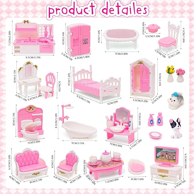 HAPGFS 45 Pcs Dollhouse Furniture Set Accessories Doll House Mini Furniture Pretend Play Bedroom Living Room Bathroom Kitchen for Kids Birthday and Christmas Pink