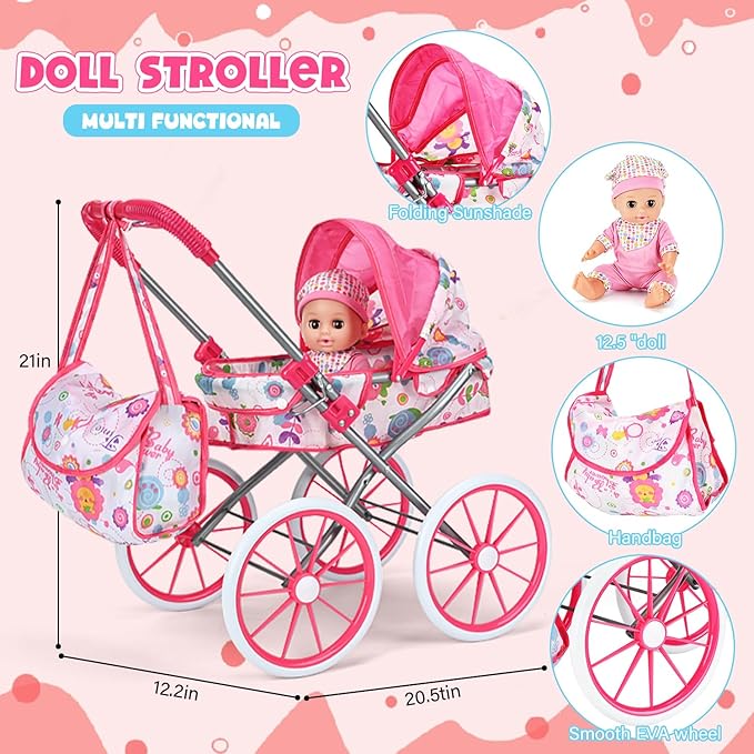 Baby Doll Stroller Toy Set with 12.5'' Doll and Accessories- 2 Doll Clothes, Diaper, Dining Chair, Pacifier, Storage Bag, Baby Doll Stroller Toys for Girls Toddlers 3-5 4-6 5-7 Gifts for Pretend Play