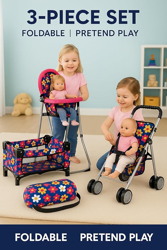 Fash n olor 3 Piece Baby Doll Play Set Flower Design Includes - Foldable Pack N Play, Baby Doll Stroller, Baby Doll High Chair, Fits Up to 18'' Dolls 3 Piece Doll Accessories Set, Best Gift for Girls