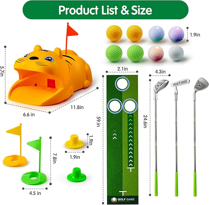 Putting Green Indoor with Toddlers Golf Clubs，Party Game with Automatic Golf Bounce Back Machine,Outdoor Training mats,Light up Balls,Gifts for 3 Year Old boy&Girl
