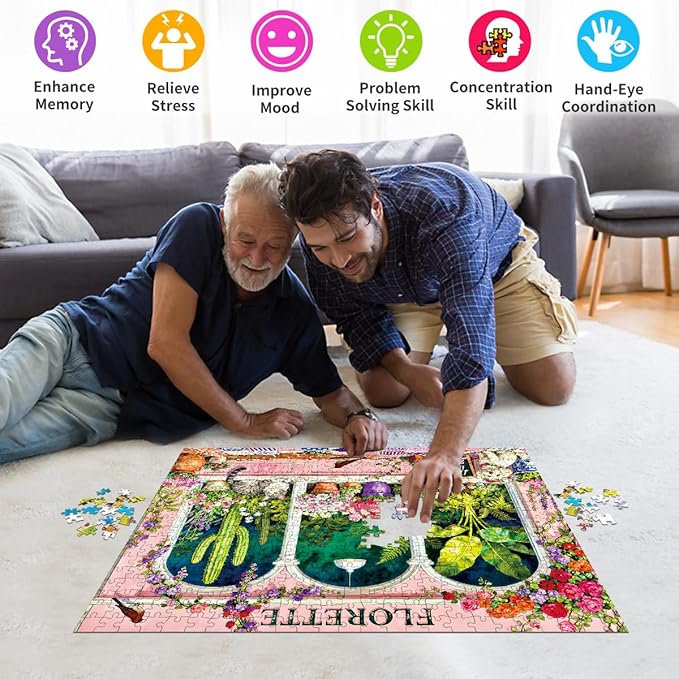 500 Piece Jigsaw Puzzle for Adults -Floral Garden Window with Cute Cat Puppy - Vibrant Pink Plant Decor Paper Puzzle for Relaxation Finished Size 19.3" x 13.7"