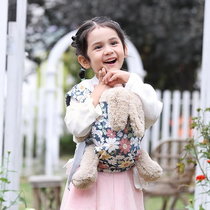 GAGAKU Baby Doll Carrier - Kids Toy with Adjustable Straps for Stuffed Animal Dolls - Gray - Smiling Daisies