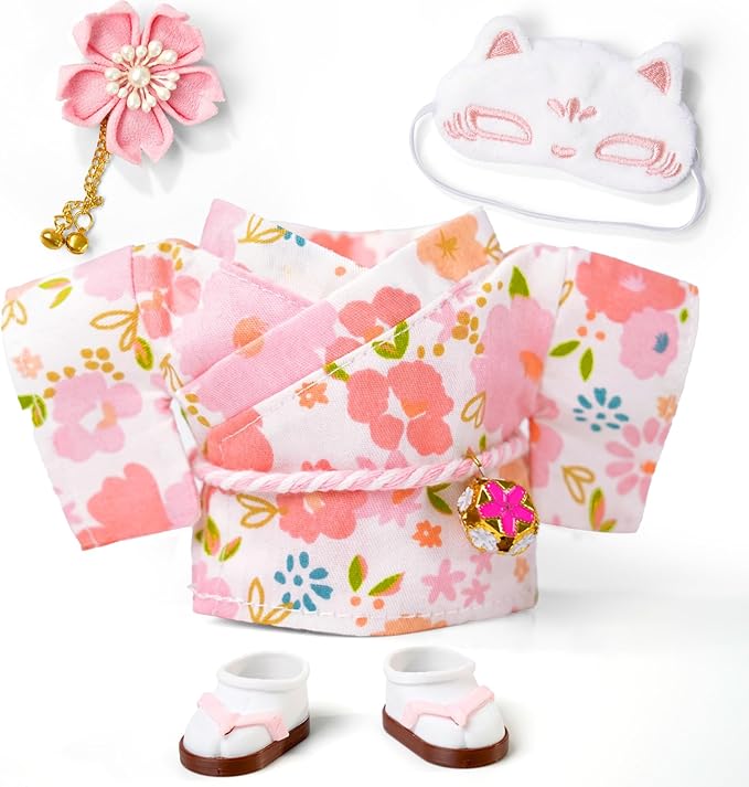 17cm Doll Clothes,Outfit Accessories Kimono Set for 6.7inch Dolls Girl, Kawaii Chic Style Flower Hairbow+Pink Clothing+Cute MasK+Shoes(NO Doll)