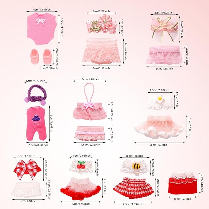10 Sets Doll Outfits, 3 Inch/7.62cm Doll Collector's Clothing Accessories Cute Flowers Cherries Bees Dress Wear for Decoration and Display (Pink, Red)