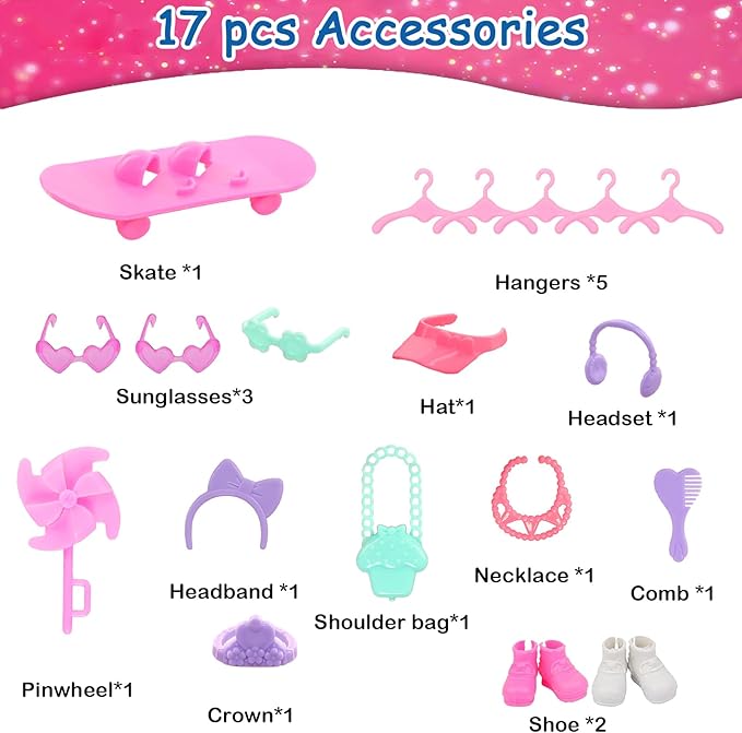 26 PCS for Mini 6 Inch Doll Clothes and Accessories Include 4 Tops, 4 Pants, 4 Dresses, 2 Shoes, Pink Sunglasses 1 Skate and 14 Life Accessories for 5.3 Inch - 6 Inch Dolls