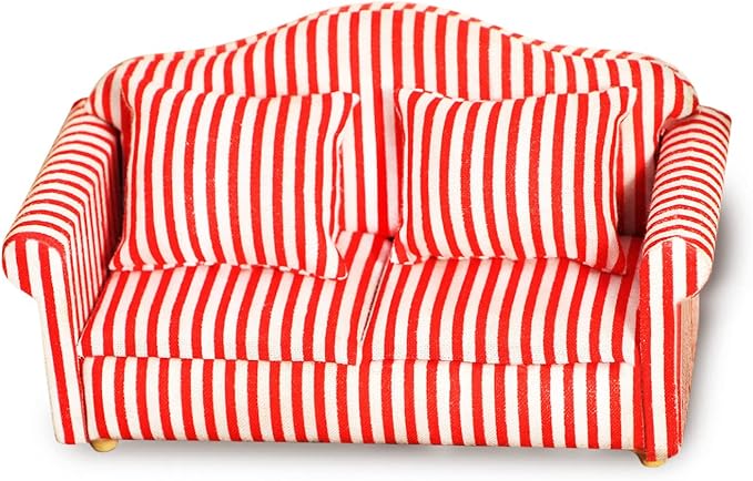Dollhouse Couch Miniature Sofa with Pillows Dollhouse Living Room Funiture 1:12 Scale Model 3 Pcs High Simulation Upholstered Wooden Fabric Armchair Mini Room Artificial House Scene Decoration (Strip)