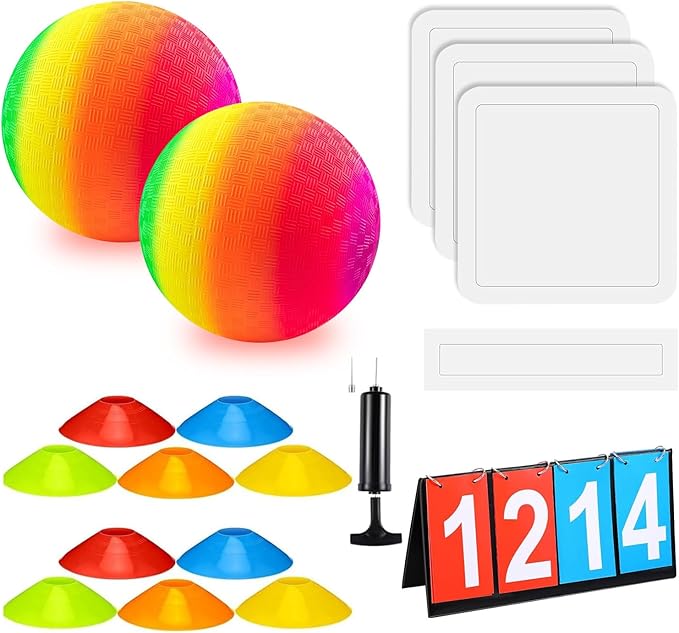 Huaerle 18 Pcs Sports Kickball Set Includes 2 Playground Ball with Air Pump 4 Rubber Throw Down Bases 10 Foul Line Cones and a Flip Scoreboard for Boys Girls Adults Playground School Backyard