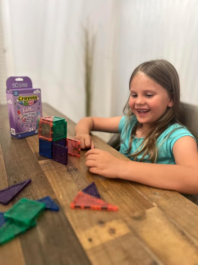 CreateOn Crayola Mini Magnetic PIP-Tiles, Building Set for Kids, Magnetic Building Toys for Kids, STEM Travel Toys for Boys and Girls Ages 3+, 24-Piece Set (Glitter)
