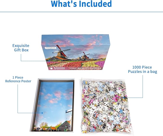 Jigsaw Puzzles 1000 Pieces for Adults Holland Tulip Fields 1000 Piece Puzzle Dutch Windmill Puzzle 1000 Pieces Tulips Flowers Puzzles Holland Landscape Puzzle Flower Jigsaw Puzzles for Adults Teens
