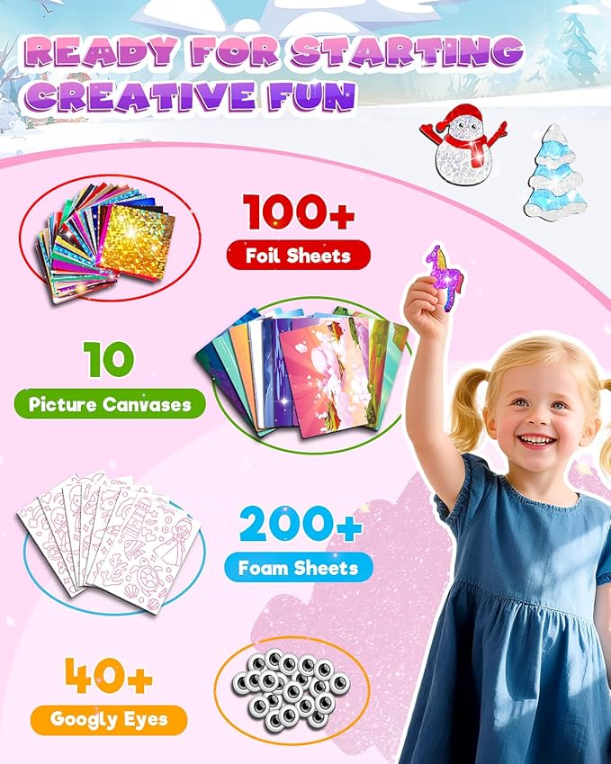 Baobrava Foil Art Fun Kit for Kids, Craft Kits Supplies, No Mess Princess DIY Creative Activity, Travel Toys, Party Favors, Easter Gifts for Girls Ages 4, 5, 6, 7, 8, 9