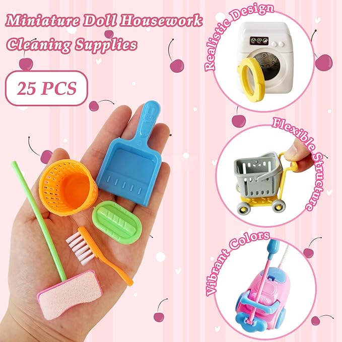 25 Pieces Miniature Doll Housework Cleaning Supplies,Mini Dollhouse Accessories Tools Mop Dustpan,Brush,Broom,Bucket,Dollhouse Furniture Decoration Accessories for Dolls Pretend Play,Random Color