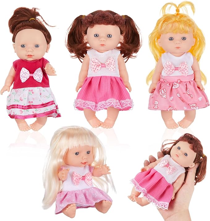 Halloscume 7 Inch Mini Baby Mini Reborn Doll Vinyl Full Body Lifelike Dolls Baby with Weighted Cloth Reborn Gift Set for Kids, Gifts for Christmas Kids(4 Pcs,Long Hair)