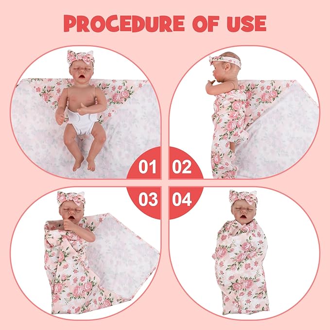 Aori Reborn Baby Doll Accessories Clothes Newborn Receiving Blanket with Headband and Hat Set Baby Swaddle Floral 3-Piece Swaddle Nursery Swaddle Wrap for 17-20 inch Reborn Doll