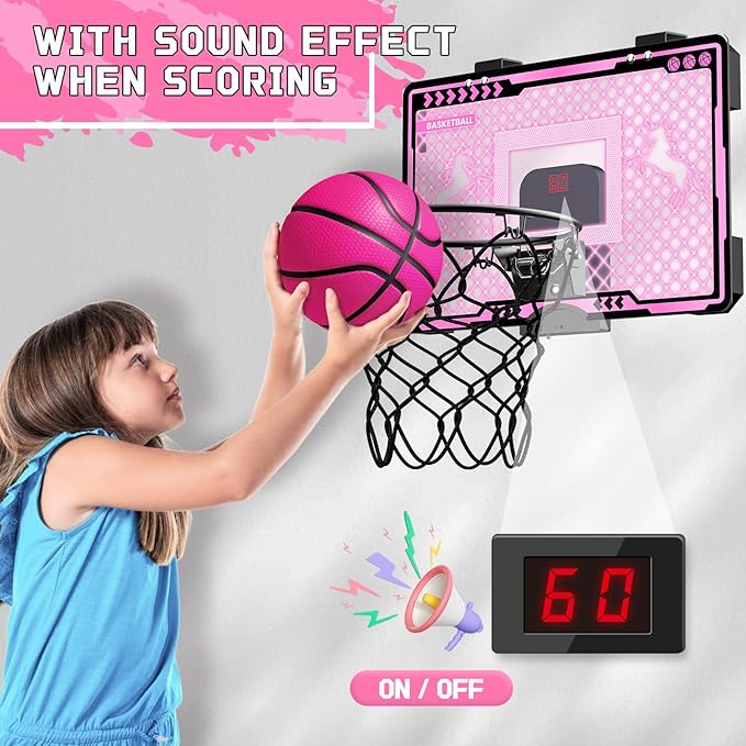 Basketball Hoop Indoor Kids Girls Pink - Mini Over The Door Basketball Hoops with Electronic Scoreboard Toys & 3 Balls, Unicorn Birthday Gifts Age 5 6 7 8 9 10 11 12 Year Old Girls