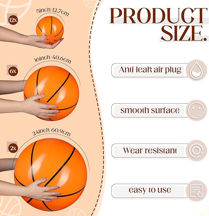 Sratte 20 Pcs Inflatable Beach Balls Bulk, Multiple Sizes Summer Swimming Pool Balls for Adults Hawaii Luau Party Supplies(Orange,Basketball)