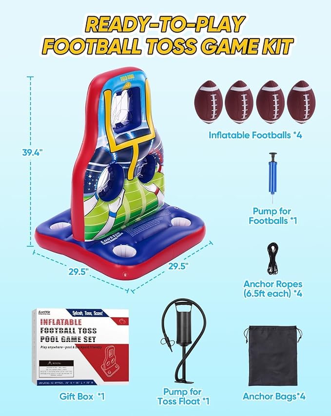 Inflatable Football Toss Pool Game Set – Floating Pool Games for Kids, Teens & Adults, Family, Includes 4 Footballs + 2 Pumps, Summer Swimming Pool Toys for Party, Beach, Lawn, Indoor/Outdoor