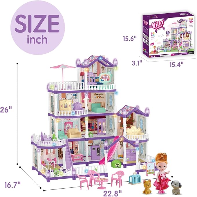 Villa Toy House for Girls, 4 Stories 10 Rooms Villa Playhouse with Princesses Slide Accessories, Lights, Furniture, stairs, DIY pretend toddlers playset kit for 3 4 5 6 7 8 9 10 Year Old Kids (purple)