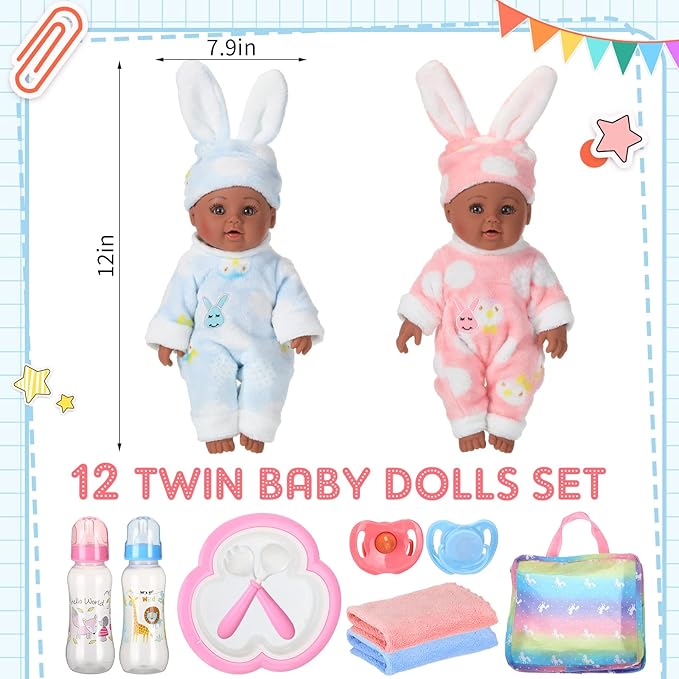Jerify 10 Pcs Realistic Twin Baby Dolls Toy Set Include 2 Pcs 12 Inch Baby Dolls, Feeding Set, Pacifiers, Doll Diapers, Bags, Milk Bottles Removable Outfit for Toddler Kids 6+ Gift(Black)