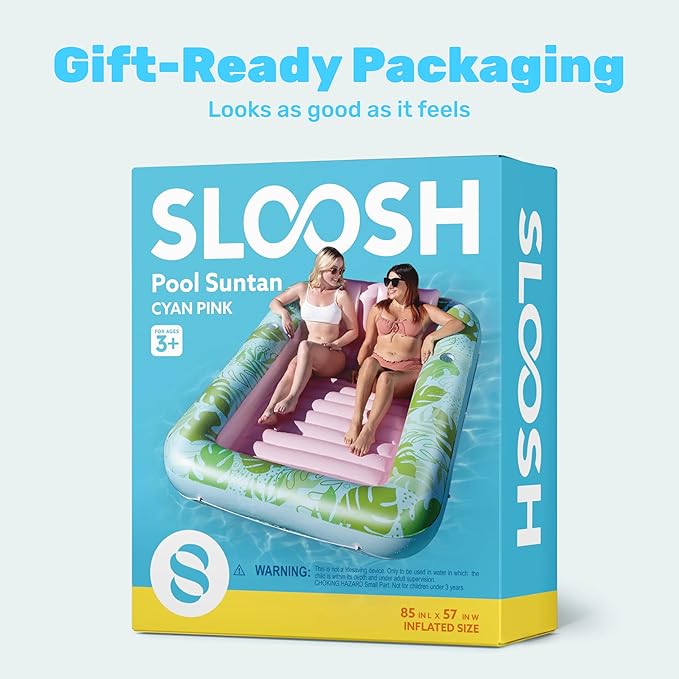 SLOOSH Inflatable Tanning Pool Lounger Float, 85" x 57" Extra Large Pool Floats Adult with Pillow, 4 in 1 Suntan Tub Raft Floatie,Sunbathing Bed Lounge for Water Blow Up Ball Pit, XL-Cyan Pink