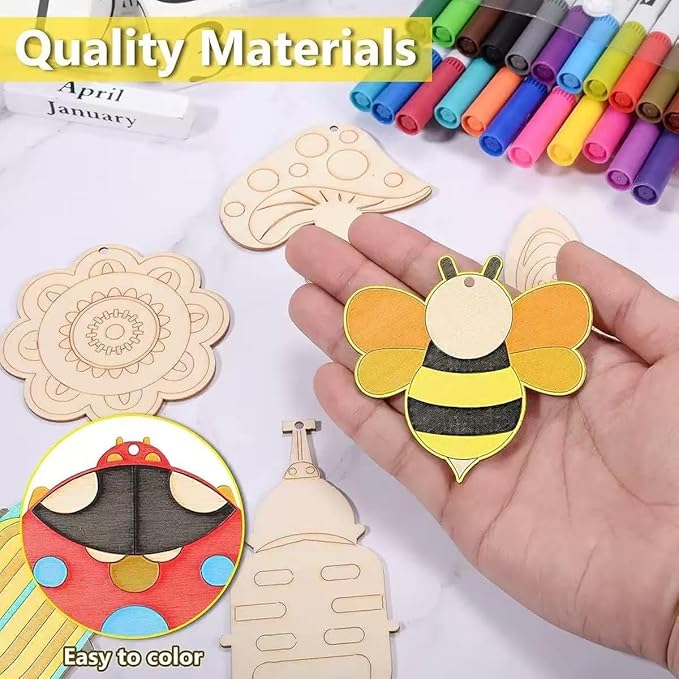 ShaoAngDuoMi 36PCS Paint Your Own Wooden Crafts Kit for Kids – DIY Plant & Insect Wood Shapes with Paint Pens & Stickers, Family Art Activity, Garden Tree Hanging Decorations, Creative Gift