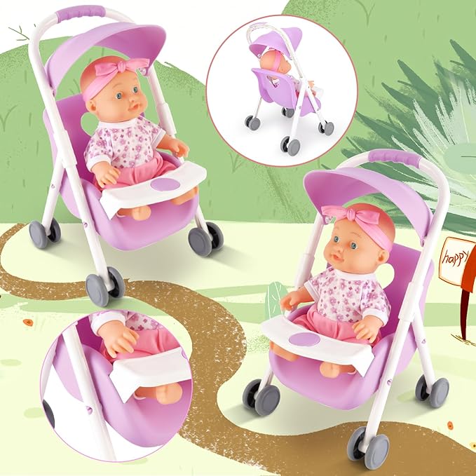 deAO Baby Doll Set Play Set Includes Miniature Crib,Mobile High Chair Stroller,12PCS Baby Doll Accessories,Great Pretend Play Gift for 3+ Years Old Kids Girls Boys S