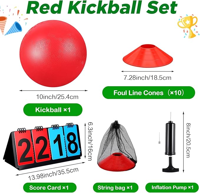 Jenaai 18 Pcs Sports Kickball Set Includes Playground Ball 5 Rubber Throw Down Bases Ball Pump Scoreboard Net Bag 10 Foul Line Cones for Adults Playground Backyard Game (10 Inch,Red)