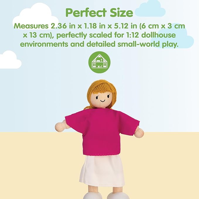 PlanToys® Mother Wooden Dollhouse Figurine | Poseable 1:12 Scale Mini Doll (5 Inch) | Dollhouse Accessories for Pretend Play | Eco-Friendly Montessori Toy for Kids Ages 3+