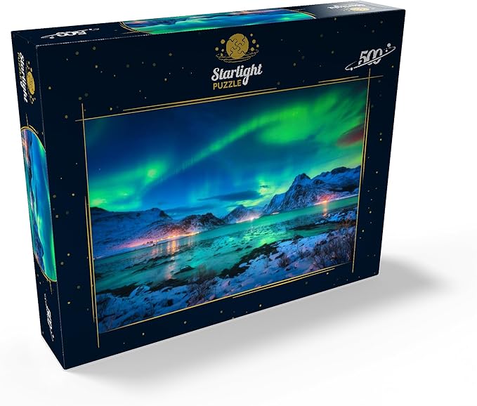 MyPuzzle Aurora Borealis Over Sea Coast, Lights At Night. Northern Lights On Lofoten Islands, Norway - Premium 500 Piece Jigsaw Puzzle for Adults