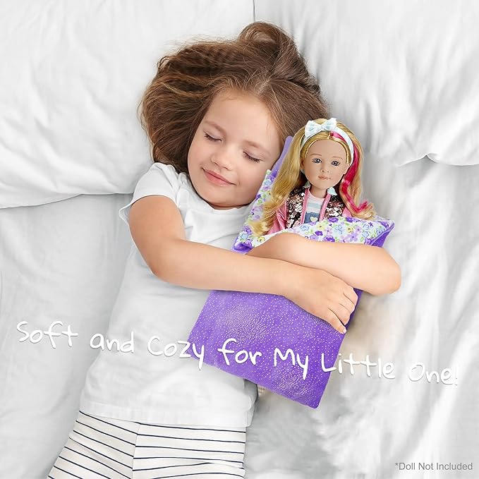 June Garden Cozy Dream Reversible Doll Sleeping Bag - 2-Piece Playset Doll Accessory with Pillow - Fits 14" American Girl Dolls - Gifts for Girls 2 3 4 Year Old