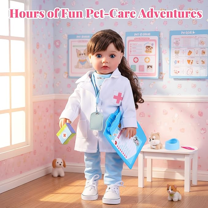 BABESIDE American Realistic Baby Doll Girl - 16-Inch Vet Play Set Dolls with Long Brown Ponytail Complete Toy Accessories for 5+ 6 7 8 9 10 11 12 Years Girl Birthday Gifts, Pretend Play, Christmas
