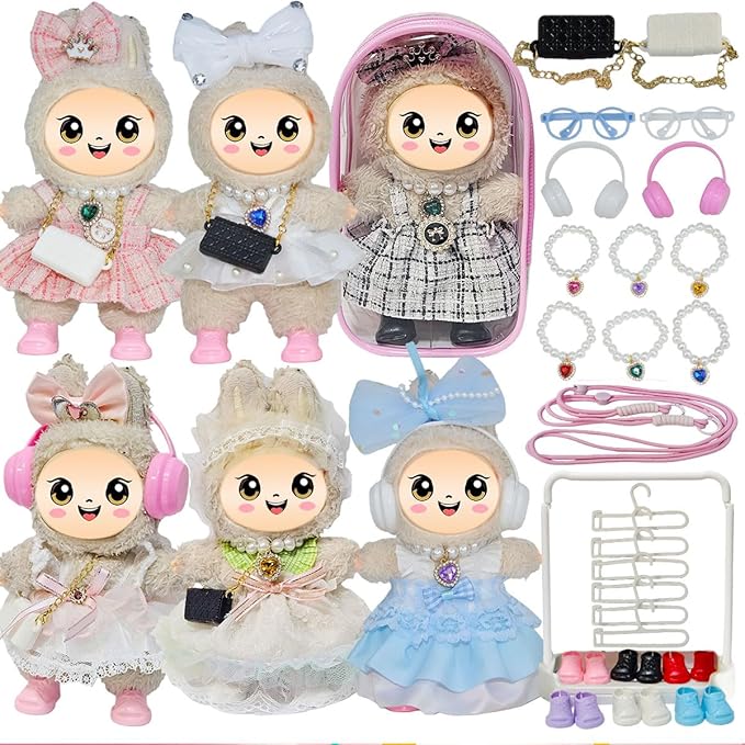 33 Pack Compatible for Labubu Clothes Outfits,Premium Labubu Accessories Case Shoes for 17cm Dolls,Labubu Birthday Party Decoration- Includes 6-Pack Doll Clothes Sets,Camera,Sunglasses