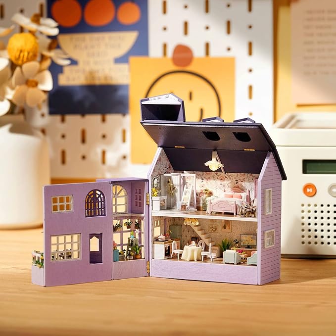 TuKIIE DIY Miniature Dollhouse Kit with Furniture, 1:32 Scale Creative Room Opened & Closed Mini Wooden Doll House for Kids Teens Adults(Happy House)