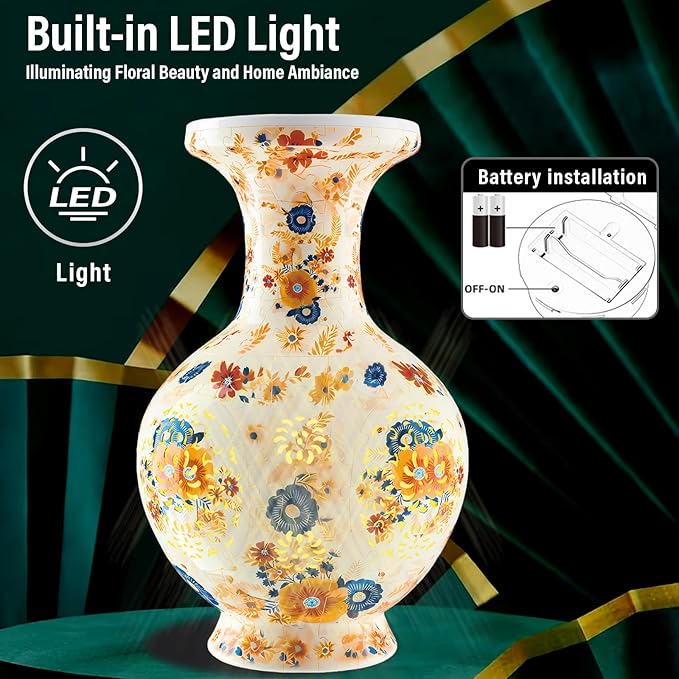 3D Puzzle Vase for Adults with LED Light, 200 Curved Pieces DIY Flower Vase Craft Kit, Creative Jigsaw Art Project Home Décor Centerpiece (C- Petaluxe Vase)