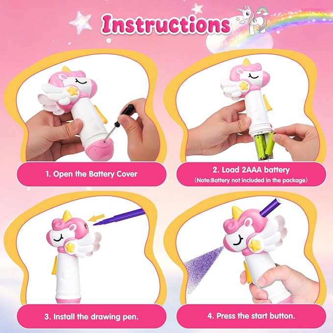 Unicorn Marker Airbrush Spray Art Kit, Art Supplies for Kids Ages 8-12, Unicorn Toys for Girls Age 4-6, Craft Kits Paint with 5 Washable Markers&8 Stencils, Birthday Holiday Easter for Kids, Girls