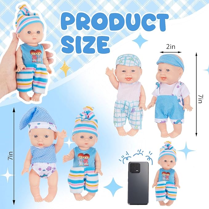 Halloscume 7 Inch Mini Baby Mini Reborn Doll Vinyl Full Body Lifelike Dolls Baby with Weighted Cloth Reborn Gift Set for Kids, Gifts for Christmas Kids(4 Pcs,Happy)