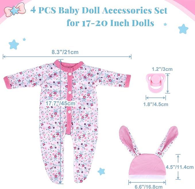 BABESIDE 4 Pcs Reborn Baby Doll Accessories and Clothes for 17-20 Inch Baby Dolls, Pink Floral Doll's Clothes Set with Hat, Pacifier and Chain for Dolls Girls Boys (Doll not Included)