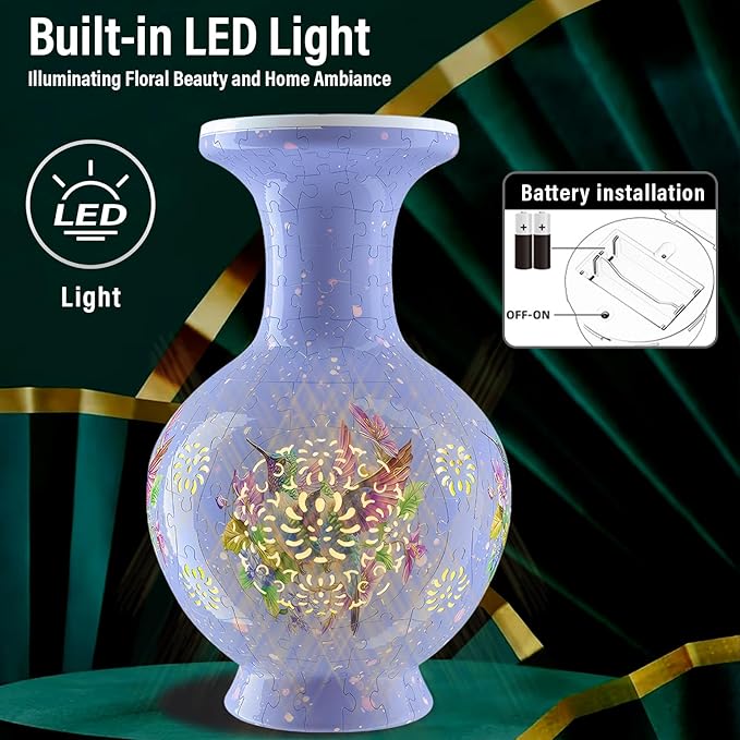 3D Puzzles Vase for Adults, 200 Pieces Plastic DIY Unique Flower Vase with LED Light House Warming Gift Birthday Gifts for Flower Arrangements and Home Decor,Crafts for Adults