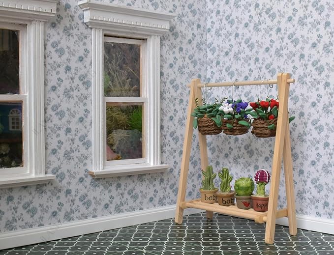 ILAND 1/12 Scale Accessories Dollhouse Miniature Rack w/ 6 Mini Hangers, Plant Hanger for Living Room, Bathroom, Bedroom (1 Foldable Rack w/ 6 Mini Hangers)