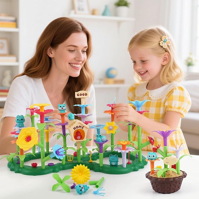 Flower Garden Building Toy for Toddler - Birthday Gifts for Preschool Kids Age 3-5 5-7 Years Old, Educational STEM Set with 140 Pieces, Girls Stacking Pretend Play Gardening Kit