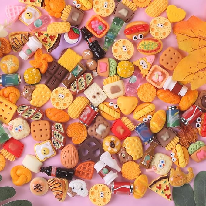 DULEFUN 100pcs Miniature Foods Drink Bottles Toys, Mixed Mini Resin Food Drinks Figures Pretend Play Kitchen Game Party Favor Toy for Dollhouse Accessories Decorations