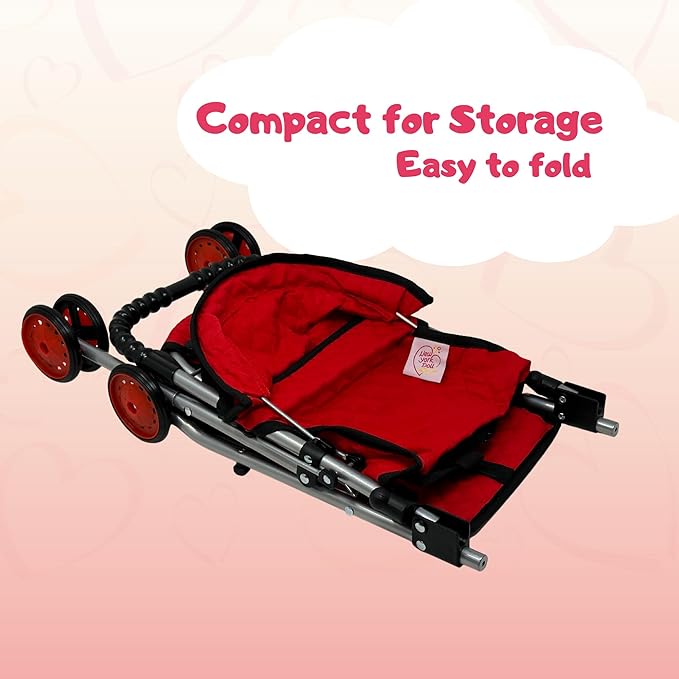 The New York Doll Collection My First Doll Stroller with Basket, Foldable Doll Stroller (Red Quilted)