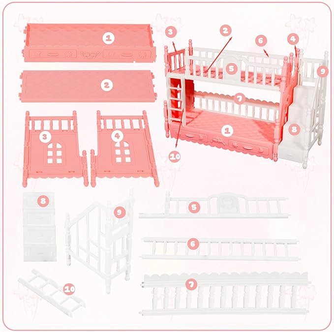 43 Pcs 18 Dresses and Accessories Mini Bunk Bed Travel Suitcase with 2 Pillows, 10 Hangers,1 Sunglasses, 1Headset, Pink Computer Set