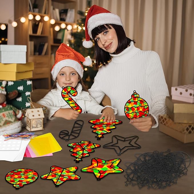 QOUBAI 32 Sets Christmas Theme Suncatchers Craft Kit DIY Window Stained Glass Effect Christmas Theme Paper Crafts Home School Classroom Decoration Kid Birthday Gift Creative Art Project Activity Game