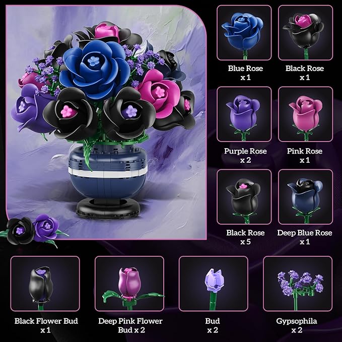 Flowers Botanicals Building Set - Artificial Purple Black Rose Bonsai Plant for Home Decor, 507PCS Artificial Flowers Building Set Indoor Gothic Decoration, Easter Birthday Gifts for Adults