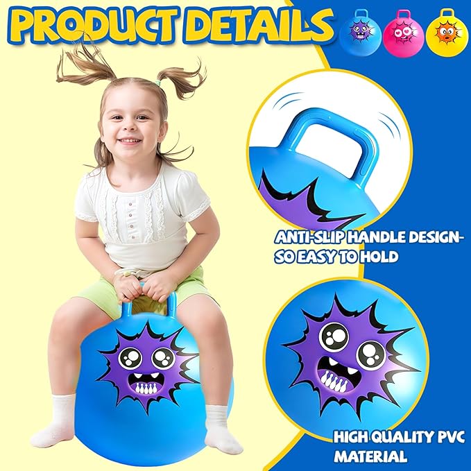 Hymaz Hopper Ball for Kids 3-6, 3 Pack Bouncy Balls with Handle, Inflatable Sit On Jumping Bouncing Hoppity Hop Ball, Garden Hopping Toys for Boys Girls Indoor Outdoor Active Play Gifts, 15 Inch