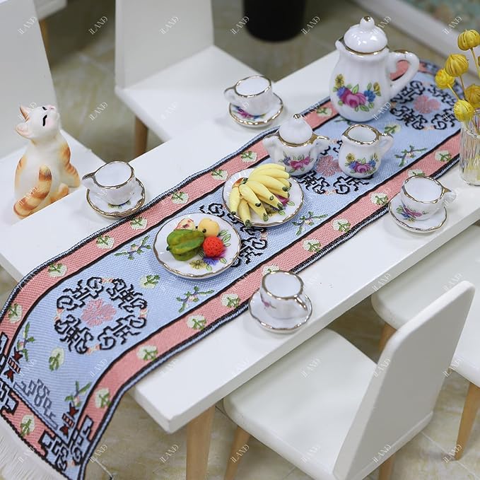 iLAND 1/6 Scale Accessories Mini Tea Set Miniature Porcelain 16pcs Set w/Table Runner Elf Accessories Cute Miniature Dollhouse Décor Fit 12 inch Dolls Action Figure Elegant Gilded Rosette